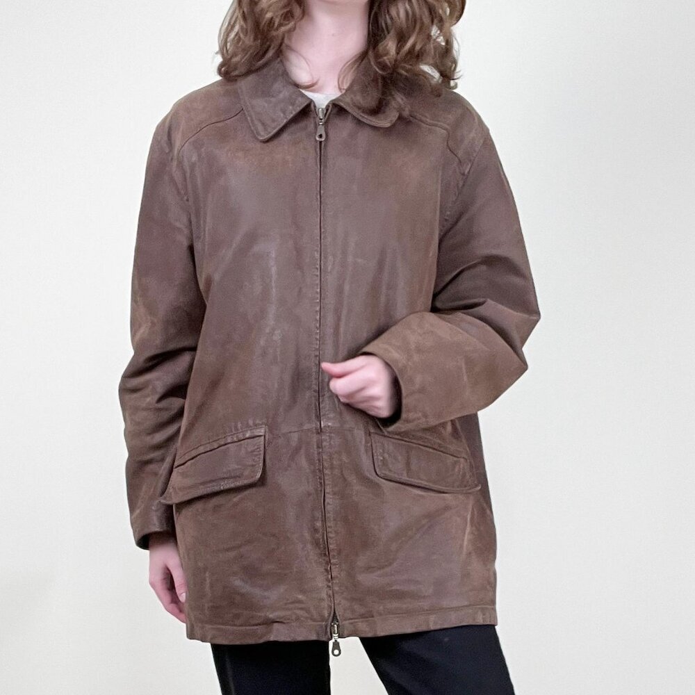 Vintage Leather Barn Coat Field Utility Jacket Oversized Farm Chore Fall Winter - Picture 3 of 12